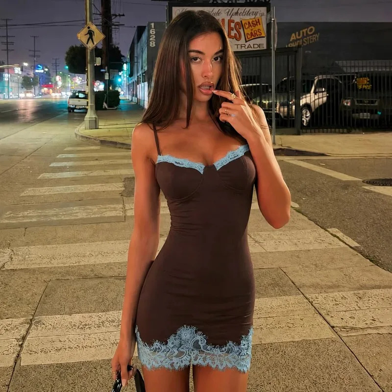 Sexy Lace Trim Patchwork Bustier Slip Mini Dress Sleeveless Contrast Slim Bodycon Dresses Casual NightClub Party Street Outfit 260924