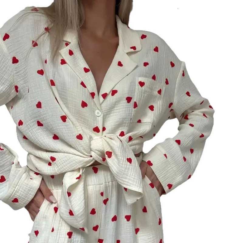 Women's Sleep Lounge Summer New Love Heart Print Pyjama 100% Cotton Long Sleeve Set 2Pcs Outfit Lapel Sleepwear Button Down Women's Pajama