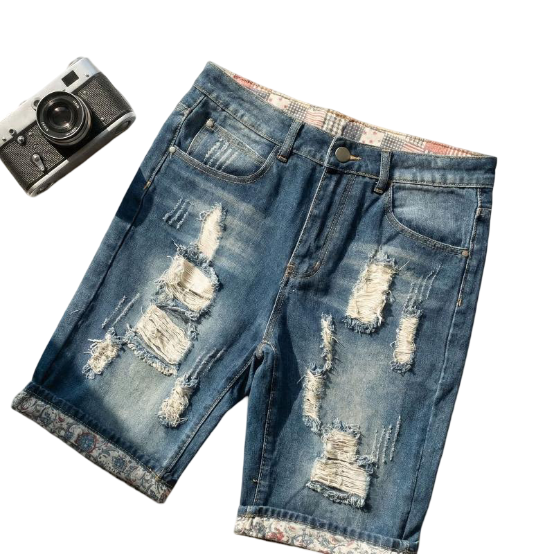 Men Summer Ripped Jean Shorts Medium Blue Wash Frayed Cutouts Paisley Pattern Roll Up Cuff Mid Waist Casual Denim Shorts