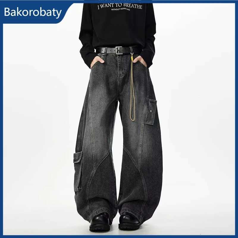 Men's Jeans American Casual Pockets Cargo Baggy Jeans For Man High Street Fashion Denim Pantalones Hombre Spliced Straight Wide Leg Jean H26092