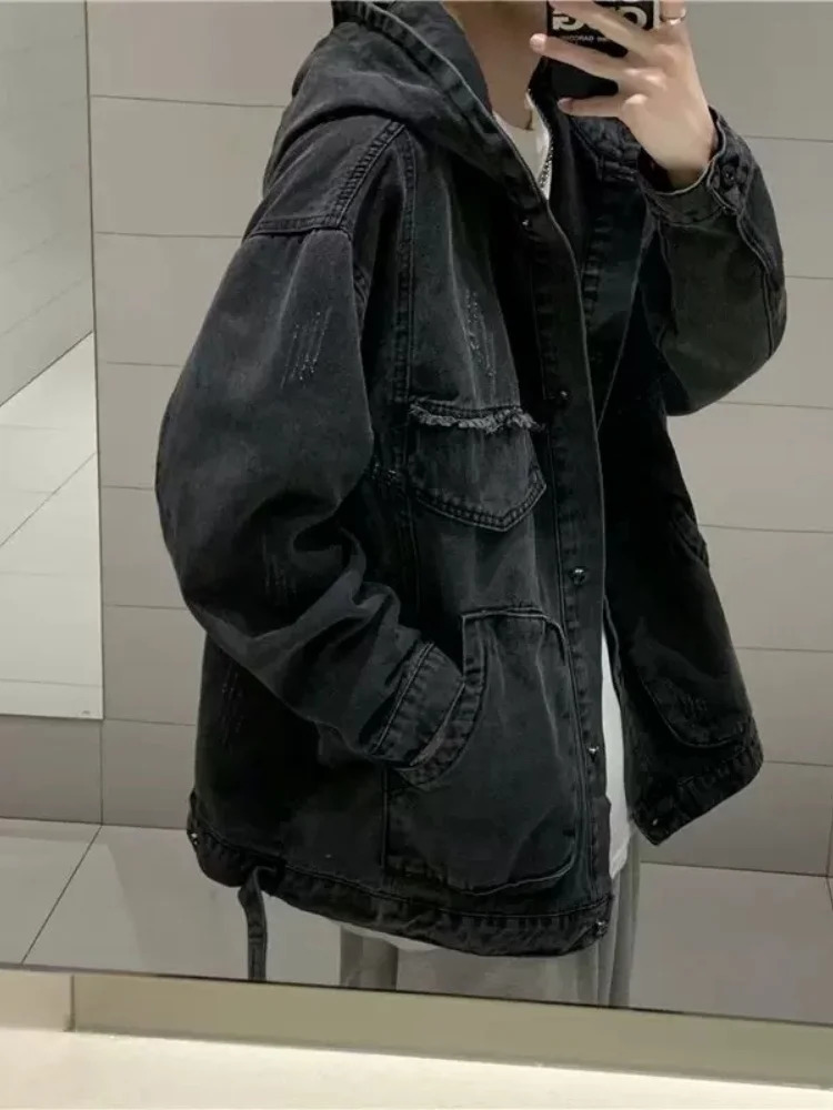 Mens Hooded Denim Jacket Utility Cargo Jean Coat Baggy Loose Fit Vintage Washed Gothic Grunge Streetwear Large Pockets Outwear 260915