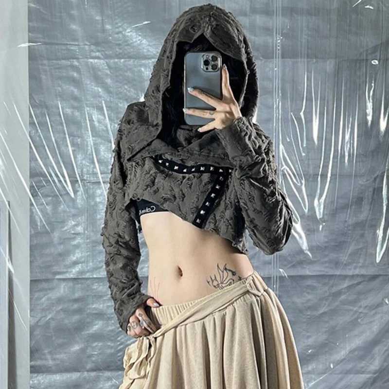 Post Apocalyptic Distressed Ripped Hoodie American Long Sleeve Jazz Sexy Cropped Top Harajuku Y2K Subculture Street Sweatshirt T260923