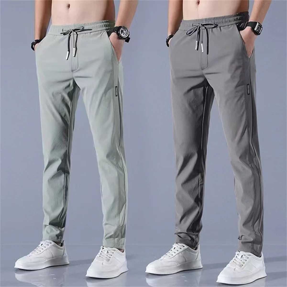 Men's Pants Ice Silk Men's Pants 2024 Summer New Black Gray Thin Business Casual Pants Outdoor Elastic Breathable Straight Leg Sweatpants