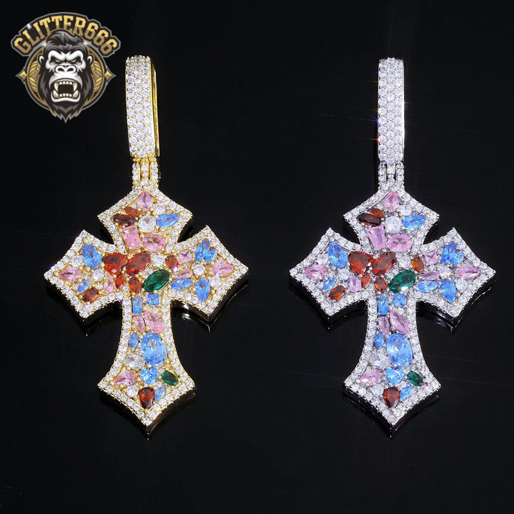 2026 new style Custom Colorful Moissanite Iced Out Cross Pendant for Women High Quality Multi Color Diamond Pendant Hip Hop Rappers Jewelry