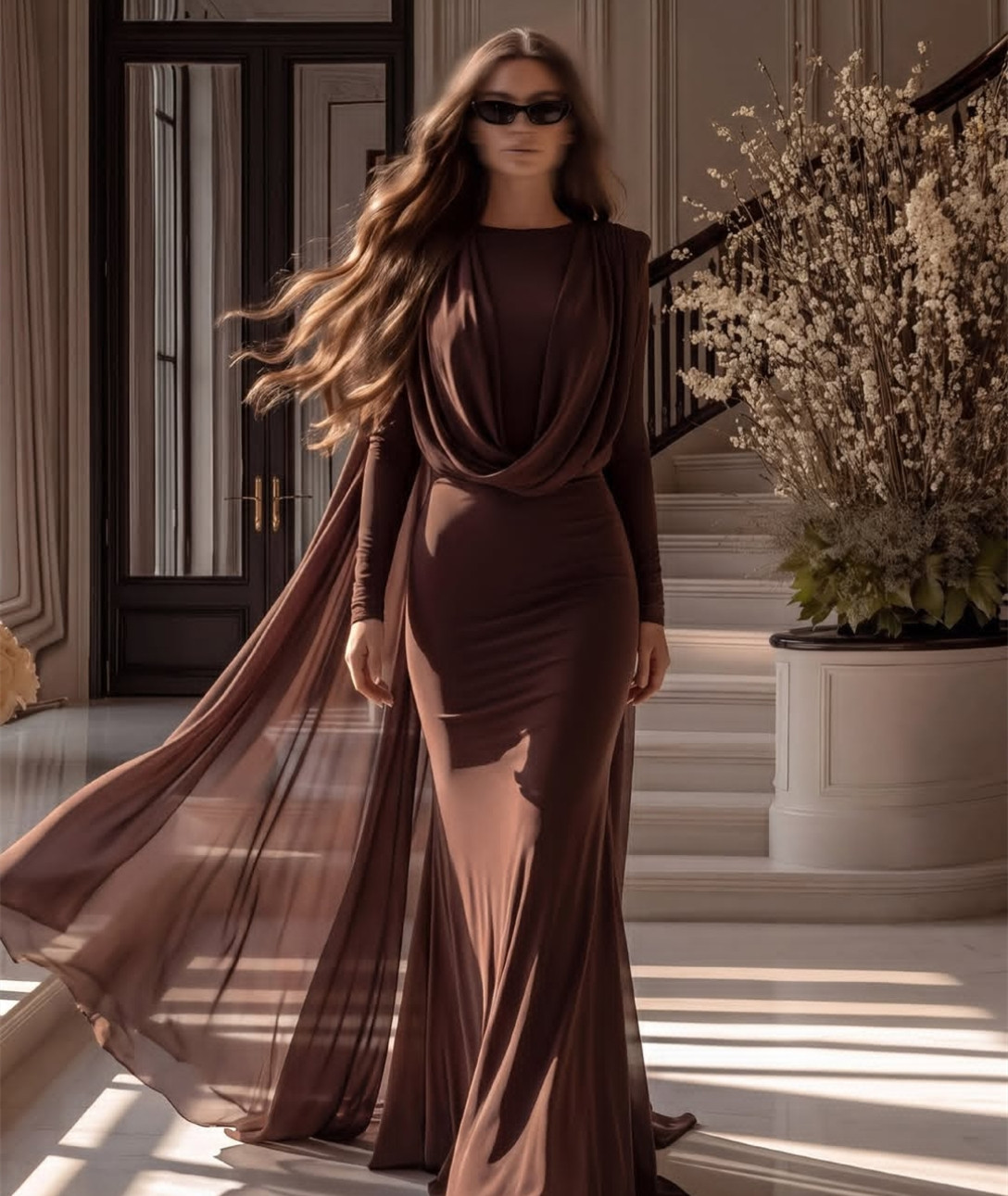 Vintage Long Spandex O-Neck Evening Dresses With Cape Mermaid Brwon Zipper Back Pleated Prom Dresses Sweep Train Robe De Soiree Formal Party Gown fo