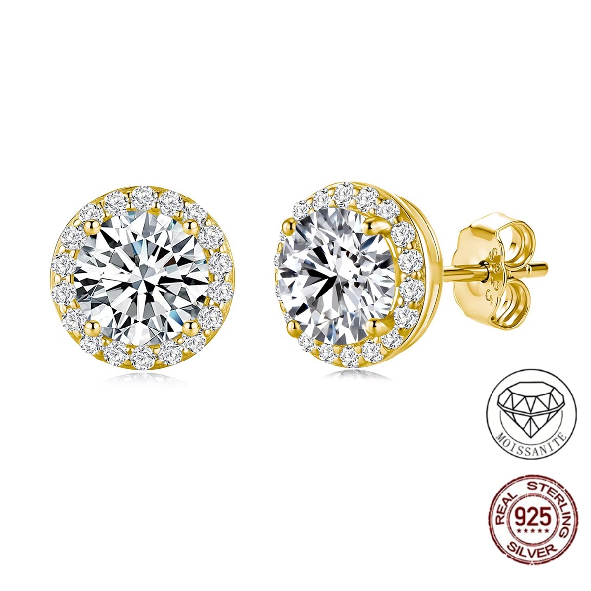 925 Sterling Silver Women's 4/5/6/7/8MM Round Cut Moissanite Stud Earrings D VVS1 Pass Diamond Tester Gold Plated Earrings