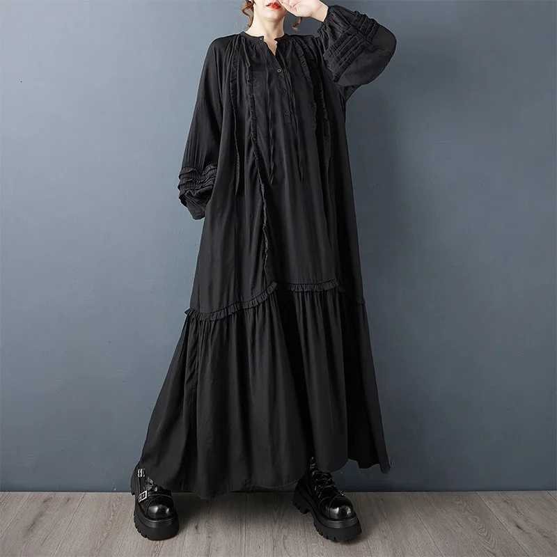 Lounge Women's Sleep long sleeve oversized Black vintage new in dresses for women casual loose spring autumn dress elegant clothing 2025C260924