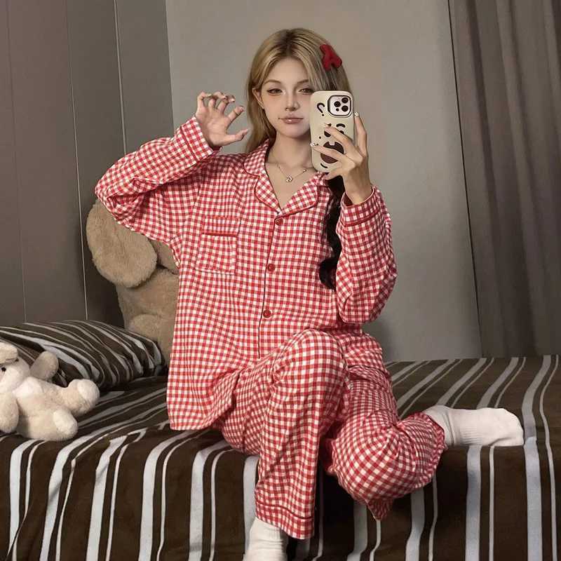 Women's Sleep Lounge Autumn and Winter Two-Piece Women's Printed Pajamas Long Sleeved Button Up Collar Top and Pants Loose Casual Home Sui