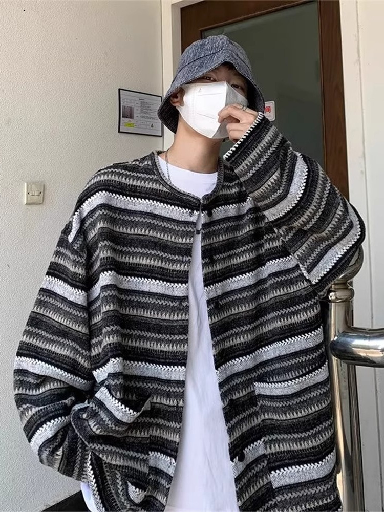 Men's cardigan, spring/autumn style, Japanese retro, loose-fitting, casual knit sweater, striped, vintage, trendy brand jacket
