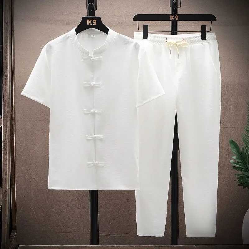 Summer New Fashion Solid Color Breathable Cotton and Linen Suit Men's Leisure Loose Sports Large Size High-Grade Two-Piece Set T260924