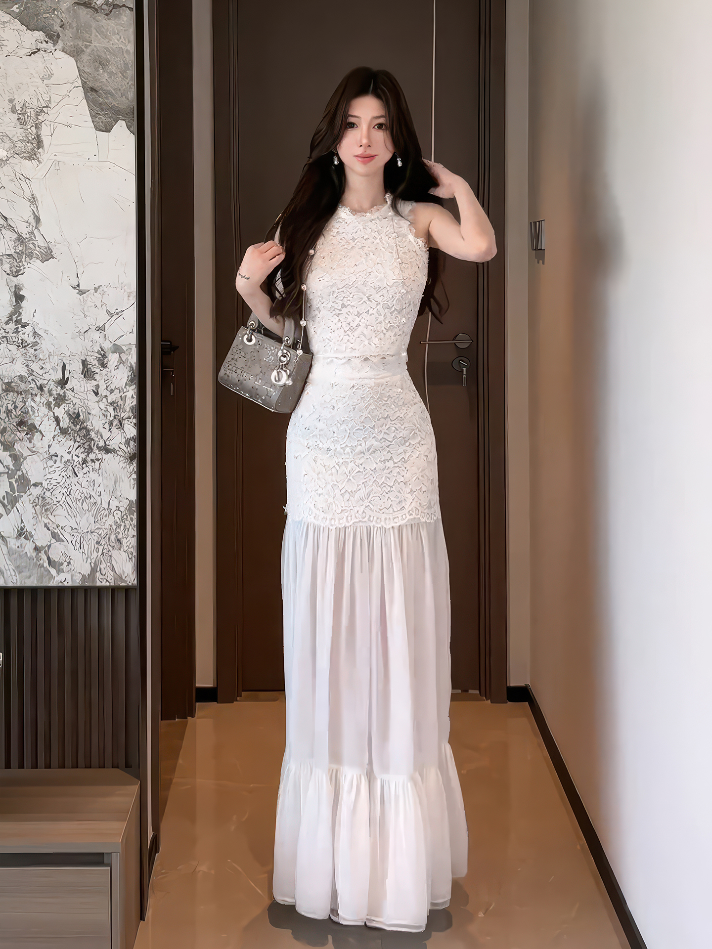 Elegant Lace Vest And Skirt Women's High Waist Half Body Gauze Two Piece Set Summer New Style Fashionable Lady's Outfit