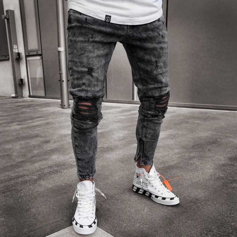 Men's Jeans Denim Pant Men Jeans Vintage Pencil Pants High Waist Distressed Hole Skinny Trousers Zipper Hem Y2k Streetwear Splice Casual H26092