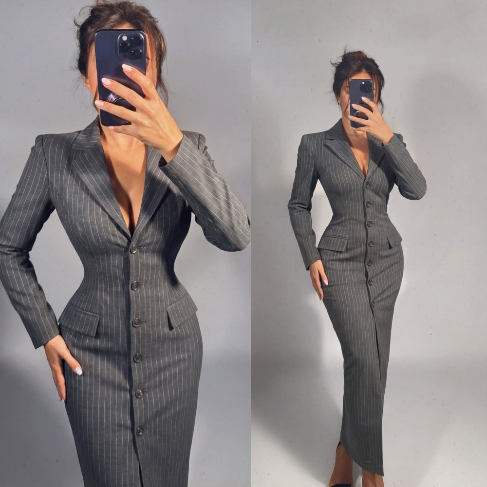 Classico abito da donna con gonna gessata a maniche lunghe alla caviglia, vestibilità slim, blazer, gonne, abito formale da sera per ufficio, festa,