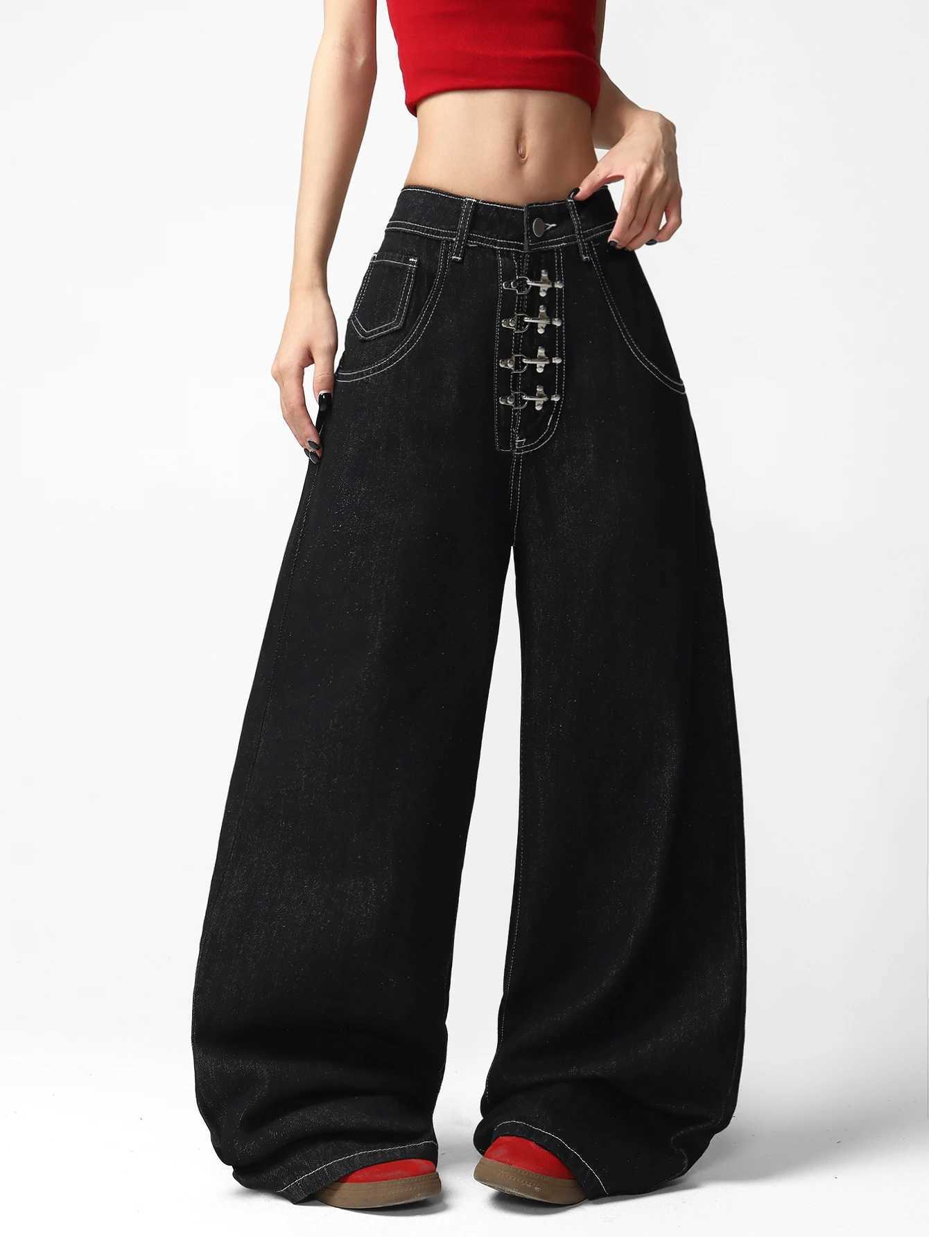 Jeans da donna a gamba larga Street Trip Solid Plain Punk High Street Vita alta Lunghezza fino al pavimento Nero grezzo con fibbie frontali multi me