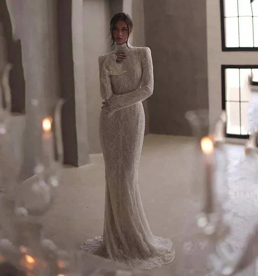 Muslim Cheap Elegent Mermaid Wedding Dresses High Neck Full Lace Ivory Champagne Beads Long Sleeves Sweep Train Plus Size Formal Bridal Gowns Button