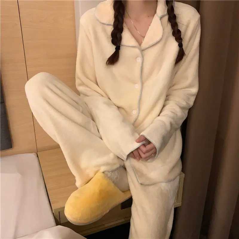 Women's Sleep Lounge Flannel Women's Pajamas Sets Casual Autumn Winter Sleepwear Velvet Pyjama Ladies Cardigan Simple Bedroom Soft Warm Ho