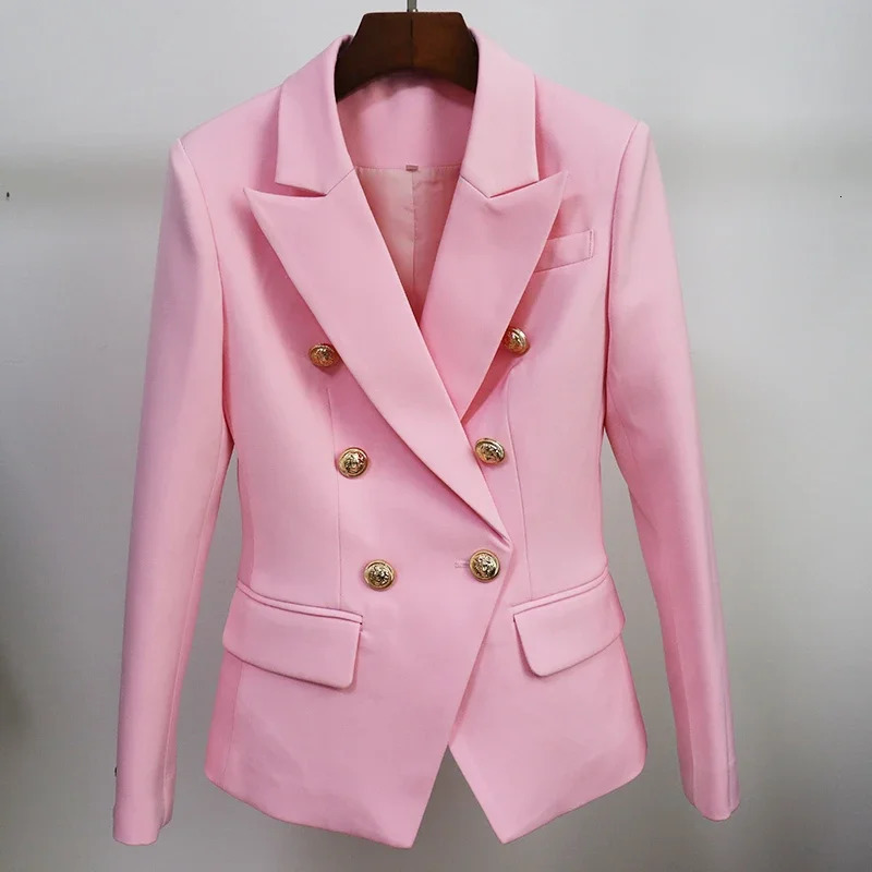 Pink Blazer Women TOP QUALITY Coat White Slim Jacket Female Double Breasted Metal Lion Buttons Blazers Tops 260923
