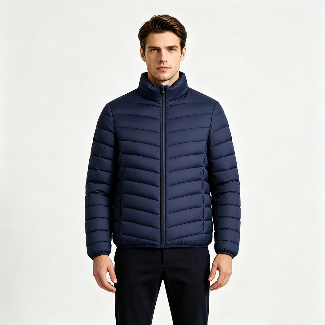 L-11568 Mens White Duck Down Jacket Lightweight Stand Collar Long Sleeve Winter Coat, Soft Casual Slim Fit Warm Outerwear