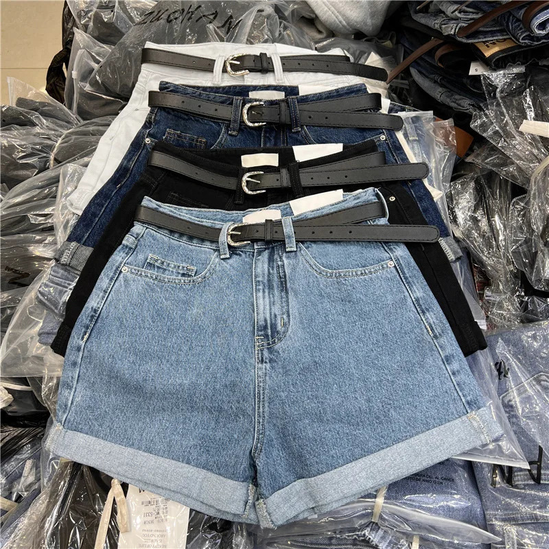 Womens Denim Shorts Chic Korean Style High Waist Rolled Cuff Wide Leg Loose Slim Casual Thin Pants for Summer 260928