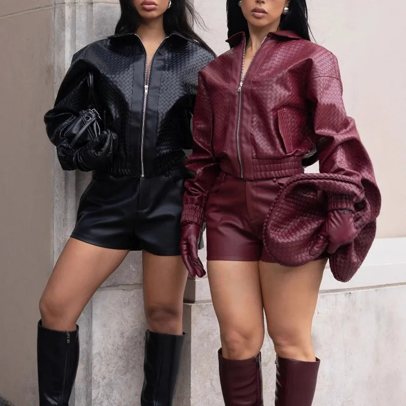 Doyerl PU Faux Leather Two Piece Set Women Fall Winter Zipper Long Sleeve Jacket Coat and Shorts Matching Sets Outfits Ensemble 260923