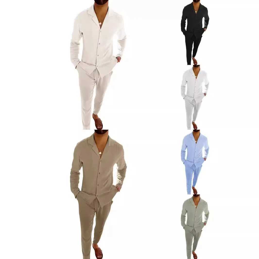 Spring Autumn New Fashion 2025 Men's Casual Trendy Solid Color 2 Piece Sets Long Sleeve Cuban Collar Shirt Trousers Male Clothes T260924