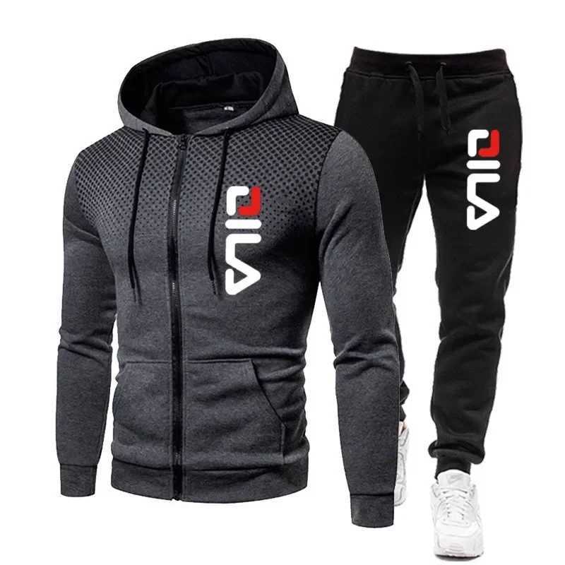 Mens Tracksuits+Sweatpants Two Pieces Suits 2025 Winter Print Zipper Hooded Sweatshirt Casual Fitness Jogging Sports Pants Sets T260924