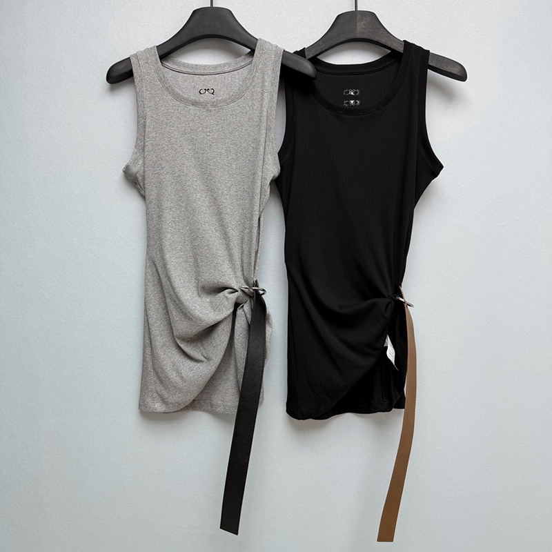 Women Ribbed Knit Tanks Designer Round Neck Waist Knot Sleeveless Vests Summer Spicy Daily Slim Fit Tops for Women