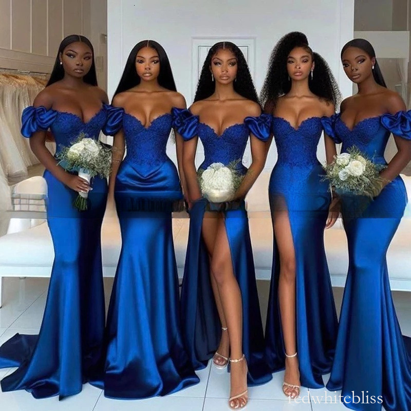 Elegant Blue Bridesmaid Dresses Off the Shoulder Mermaid Maid Of Honor Gowns African Women Wedding Party Dress robe demoiselle d honneur femme 920