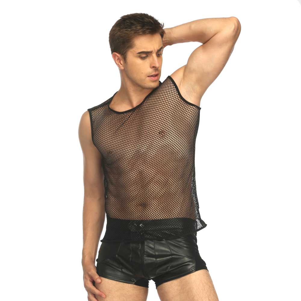Débardeur sans manches en maille transparente pour hommes, col rond, gilet transparent en résille, discothèque, fête, Costume de scène, haut de c