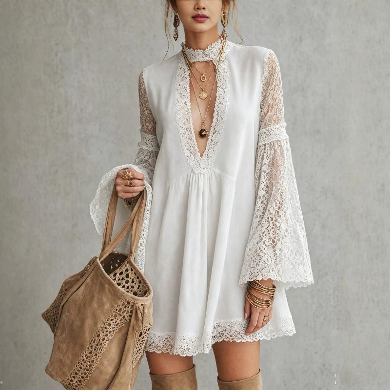 Designer Best-seller 2026 Femmes Vintage Bohème Dentelle Patchwork V Cou Flare Manches Lâche Babydoll Mini Robe Taille Haute Couleur Solide Stree