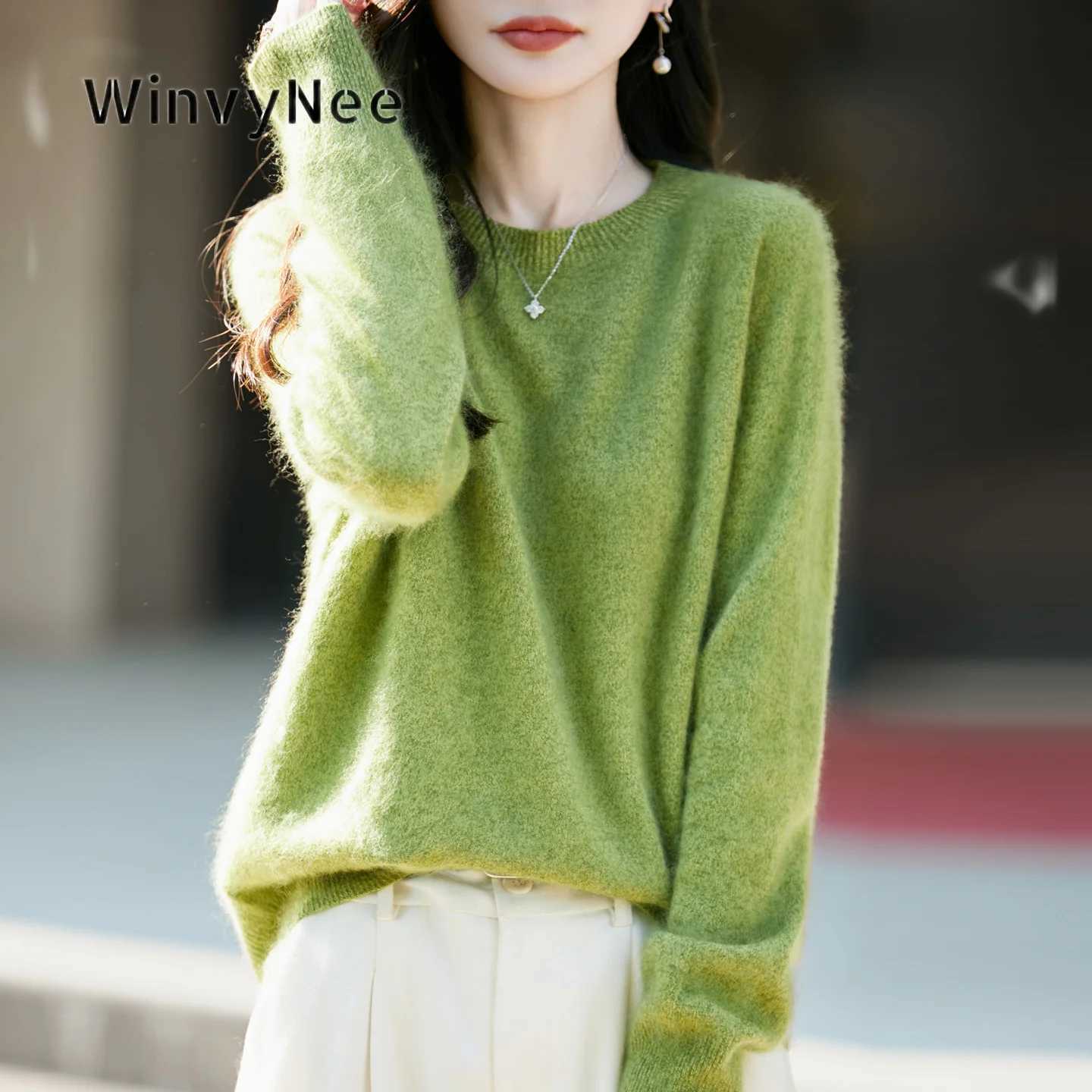Women's Sweaters WinvyNee Women Wool Cashmere Crew Neck Brushed Fabric Plush Solid Knit Long Sleeve Fall Fashion Casual Soft Jumper A1743008B H