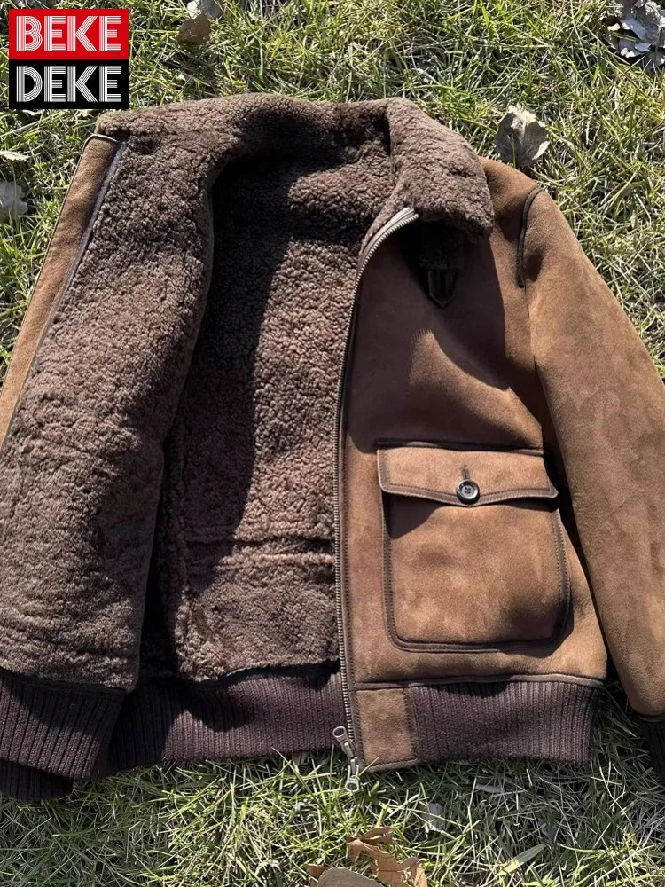 y Genuine Leather Suede Men Jacket Wool Lining Coat Retro Winter Warm Sheepskin Jackets Turndown Collar Fur Outerwear 260923