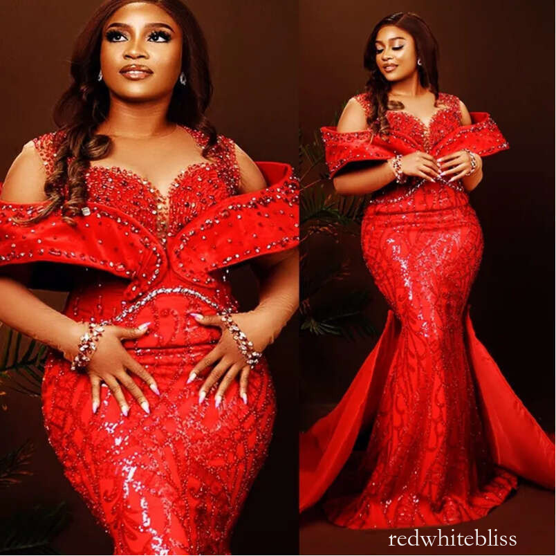 2026 Plus Size Prom Dresses With Detachable Train Red Mermaid Promdress Evening Formal Dresses For Women Sheer Neck Beaded Lace Second Reception Gow