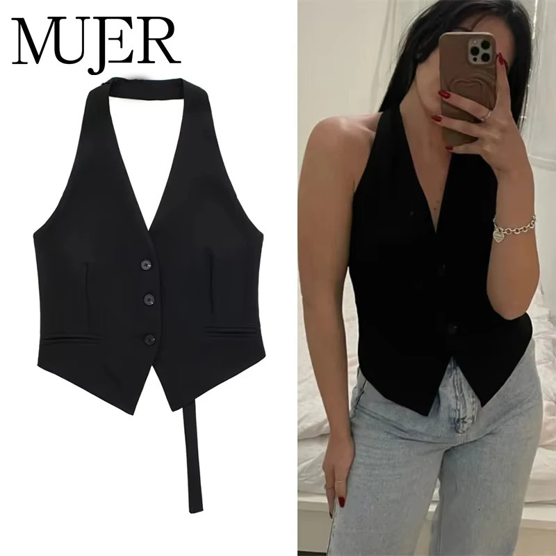 MUJER Black Sleeveless Vest Women Off Shoulder Cropped Top Woman Fashion Backless V Neck Short Coats Summer Waistcoat 260928