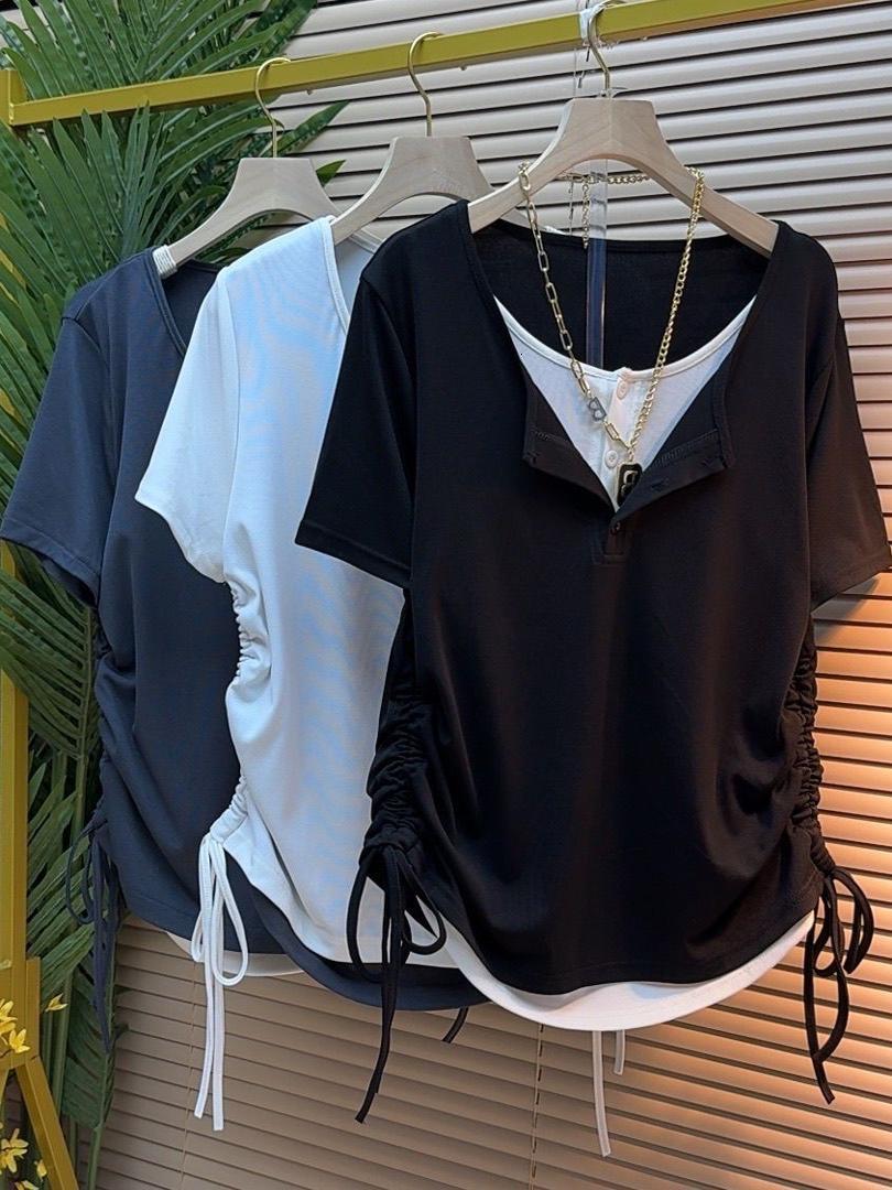Summer New Style plus Size Loose Fit Short Sleeve Drawstring Top Women's Trendy Pure Color T-Shirt Fake Two-Piece V-Neck Kore...