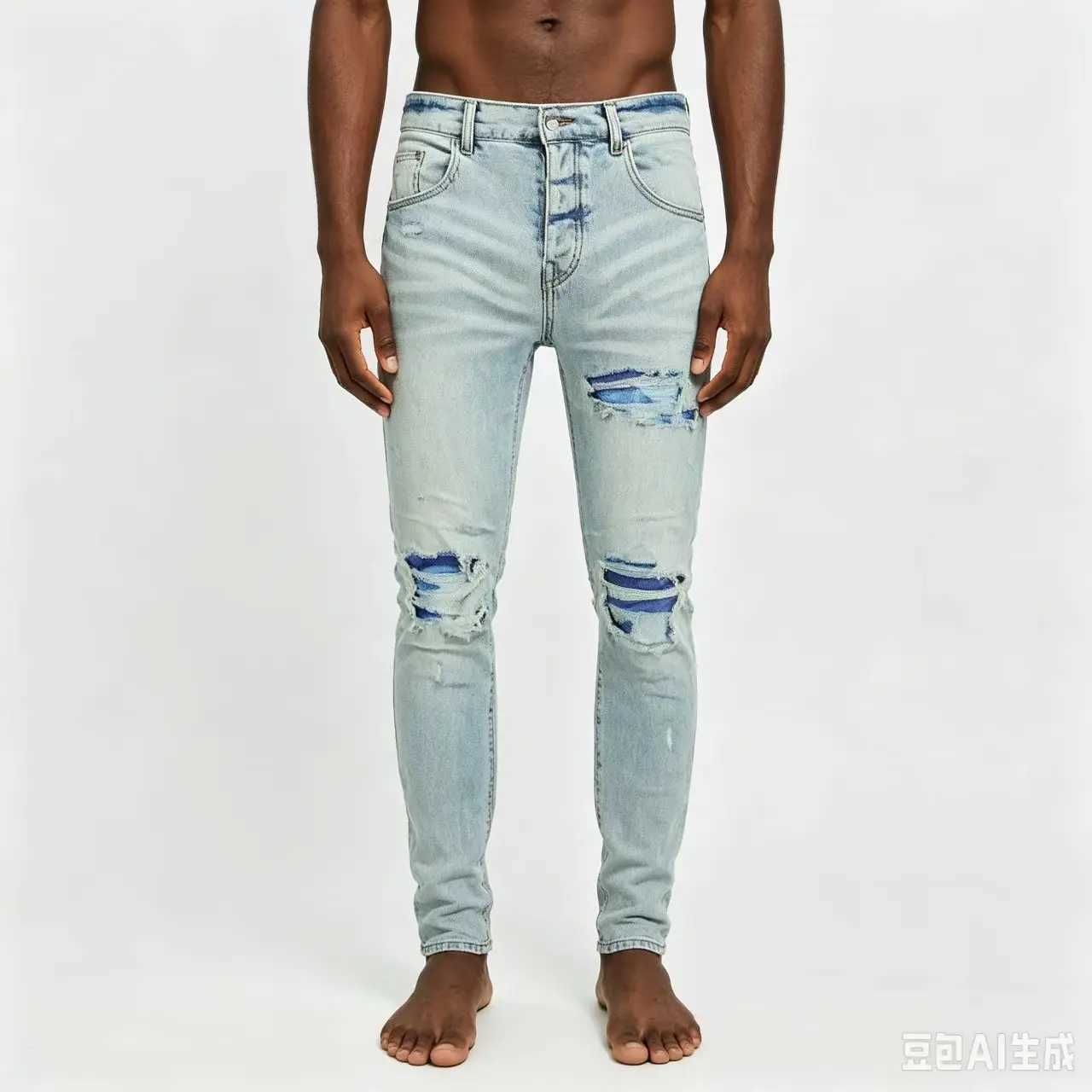Fashionable new men's jeans washed nostalgic elastic slim fit light blue jeans high street hip-hop brand pants Y2K S260924R4Z2