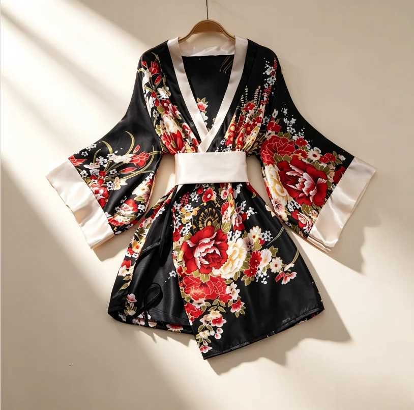 Sleep Lounge Women's Women Clothing Japanese Kimono Black V-neck Print Flower Long Sleeve Lace-up Mini Dresses Sexy Loose Shaping Cardigan Bow
