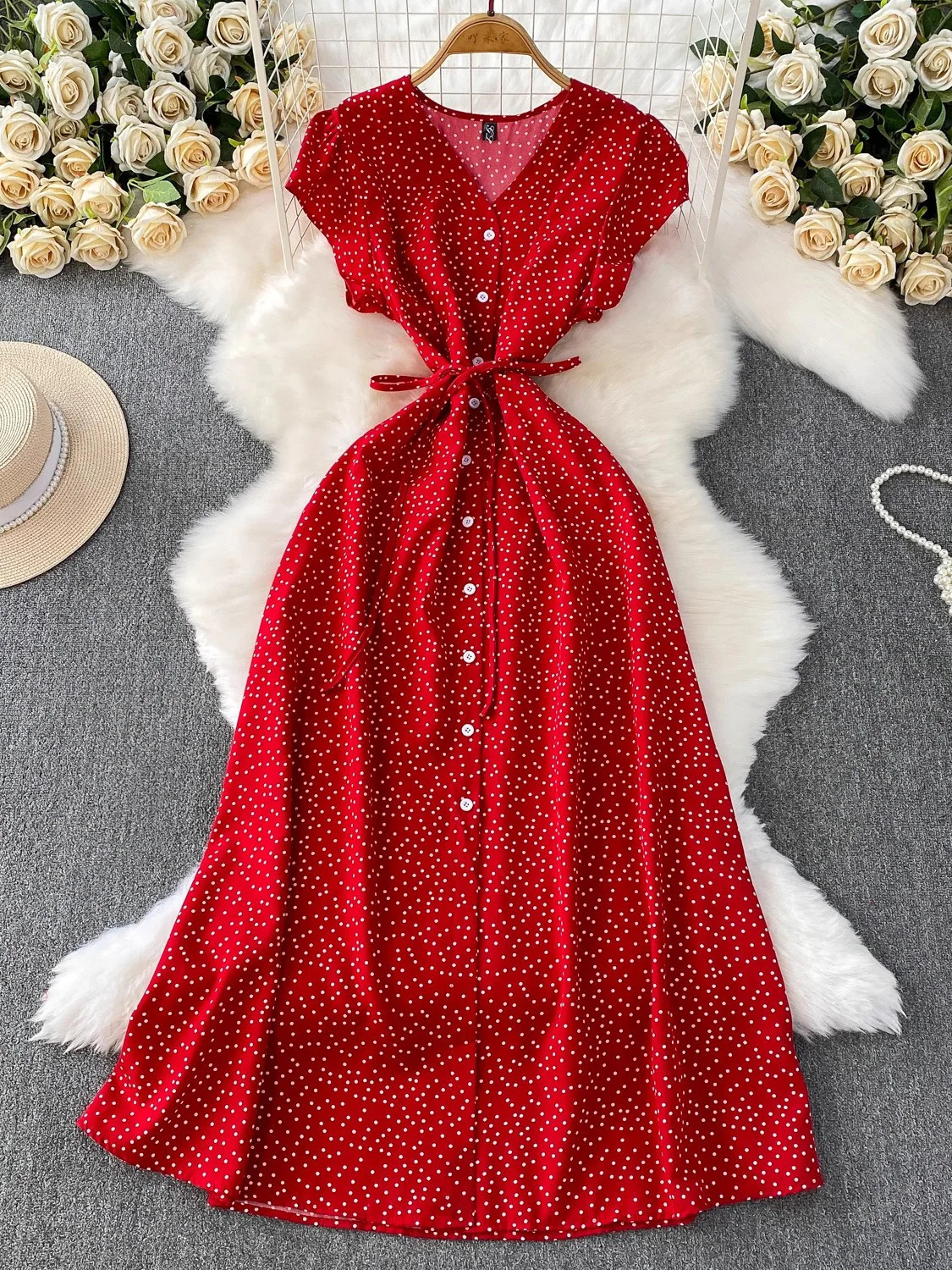 Summer Women Polka Dot Long Dress Vintage V-Neck Flying Sleeve High Waist Single Breasted A-Line Casual Vestidos Female Robe 260922
