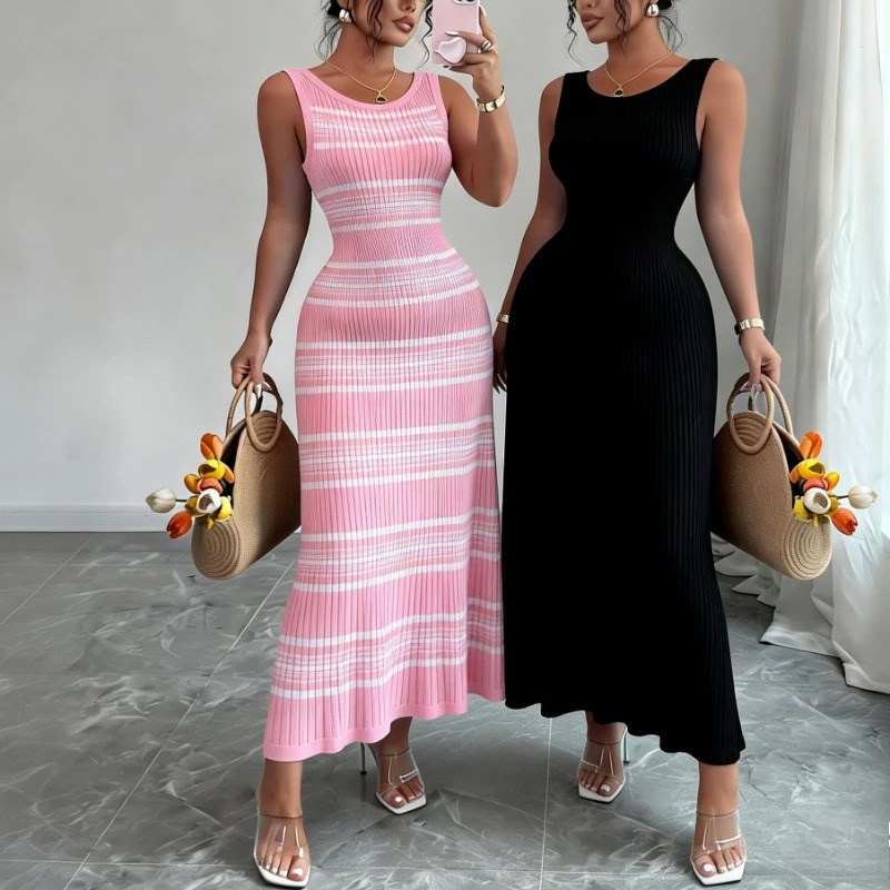 Women's Pink Striped Sleeveless o Neck Stretchy Sundress Knit Bodycon Maxi Dress Pencil Summer Beach Vacation Daily Party Dress 260922