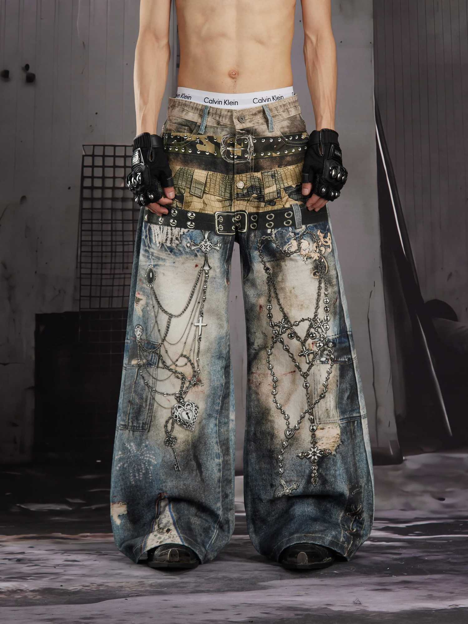 Men's Jeans American Retro Tie-Dye Men's High-Waisted Bell-Bottom Pants Slim Ripped New Autumn And Winter Washed Casual Punk Trousers H260