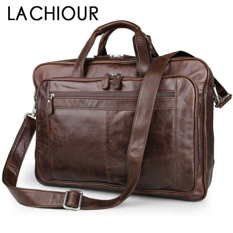 Briefcases LACHIOUR Genuine Leather Men Bag Vintage Totes Handbags Fashion Male Messenger Bags Briefcase Men's Travel Shoulder Bags H260923