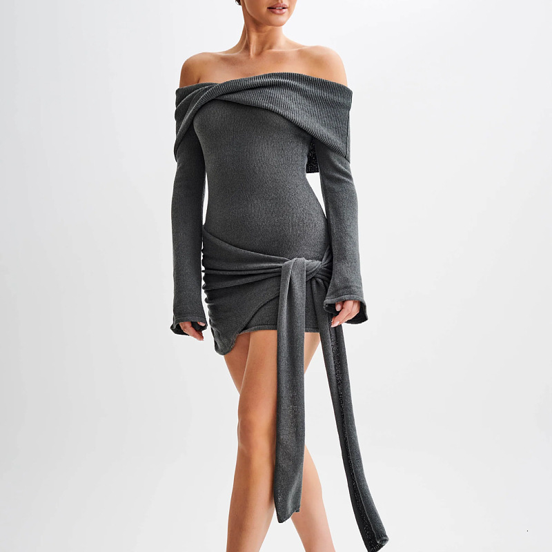 2026 New European and American Cross-Border Sweater Women, Sexy Off-Shoulder Long-Sleeve Tie-Up Knit Dress, Short Dress for Women dongdumaoyi