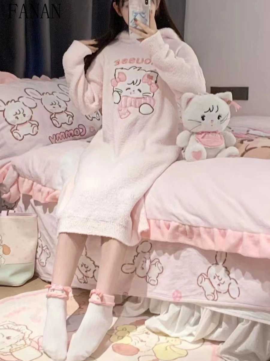 Lounge Women's Sleep Plush Fleece-Lined Homewear for Women Casual Sweet Cute Nightdress Pink Girl Kawaii Warm Hooded Autumn Winter Sleep DressC