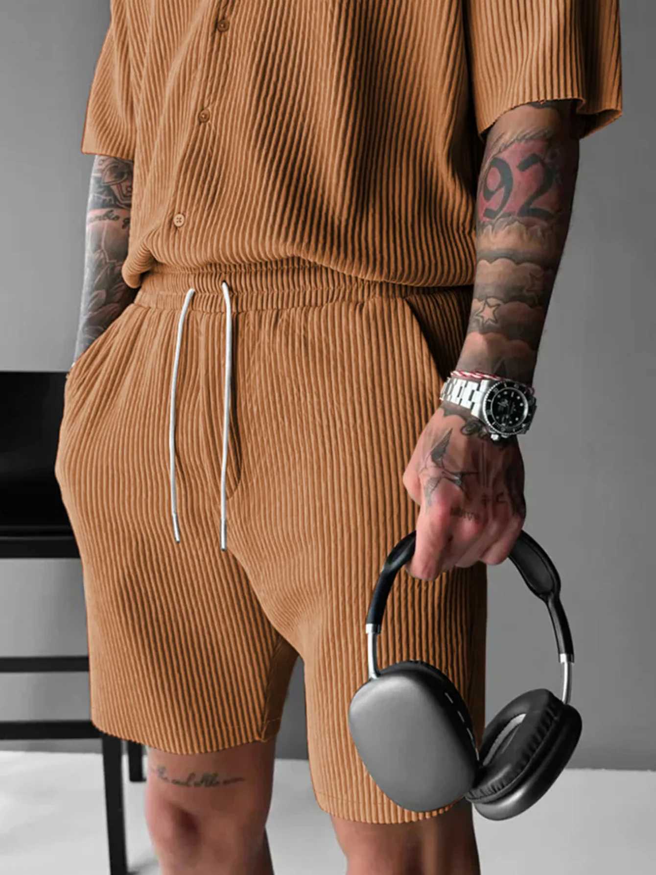 Set da uomo estivo in velluto a coste Hawaii Set sportivo a maniche corte da uomo Camicia casual in velluto a coste + Pantaloncini Set da 2 pezzi Tr