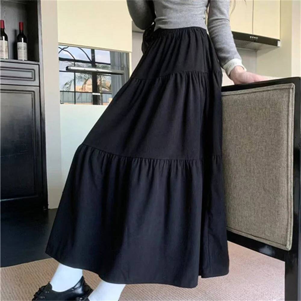 2025 Spring High Waist Female Long A-line Cake Medium Length Ladies Loose Vintage White New Women's Summer Skirt