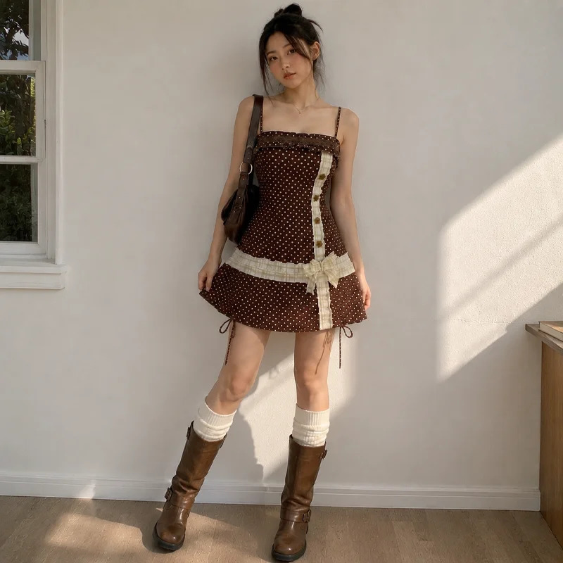 Womens Mini Dress Brown Polka Dot Spaghetti Strap Square Neck Bow Ruffle Trim A Line Y2K Summer Cute Casual Dress 260924