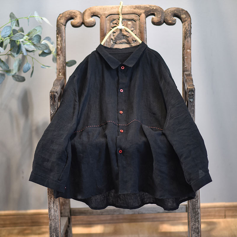 Johnature Women Linen Embroidery Shirts And Tops Turn-down Collar Button 2025 Autumn New Original Vintage Female Loose Blouser