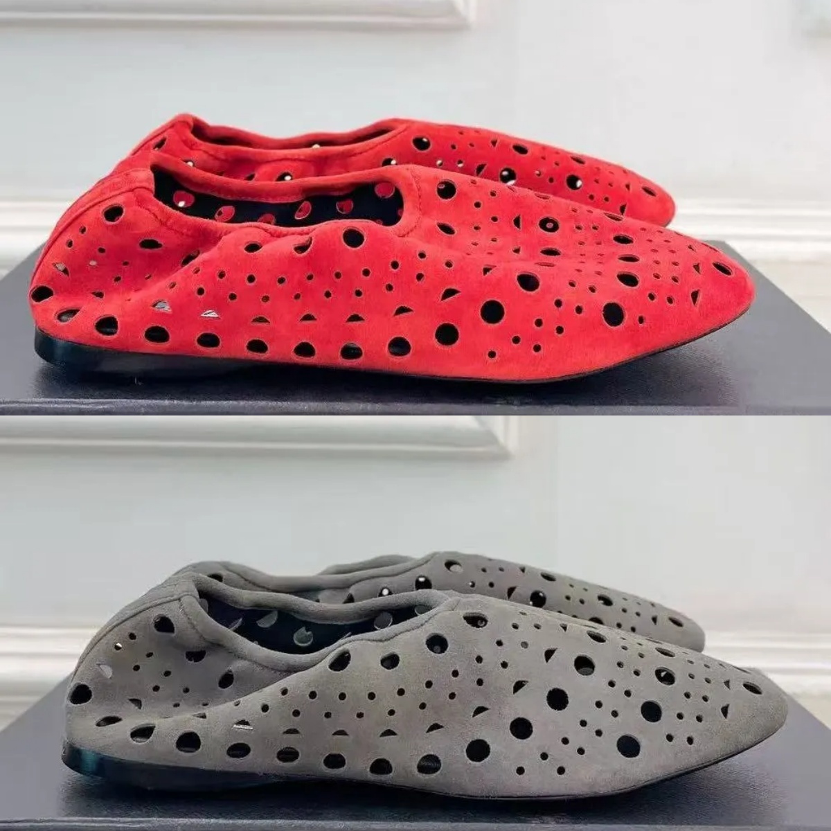 Shoes Women Flats Hollow Luxury Designer Leather Slip On Round Toe Casual Fashion Outdoor Walking Summer Red Black Beige Brown Gray