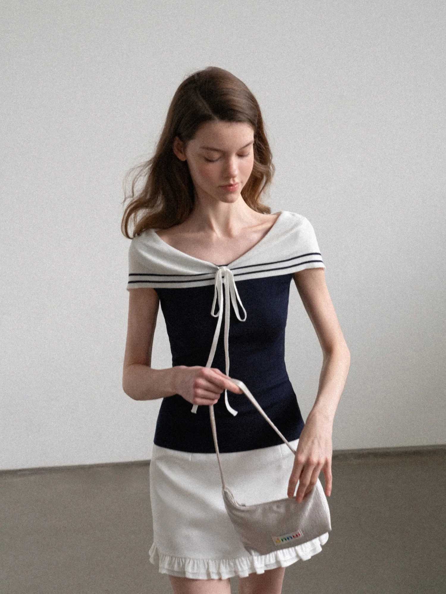 Women's Sweaters EGGKA Navy Style One Shoulder Knot Sleeveless Knitted Top Women Summer Korean Design Slim Fit Unique Top Casual Soft Polyester