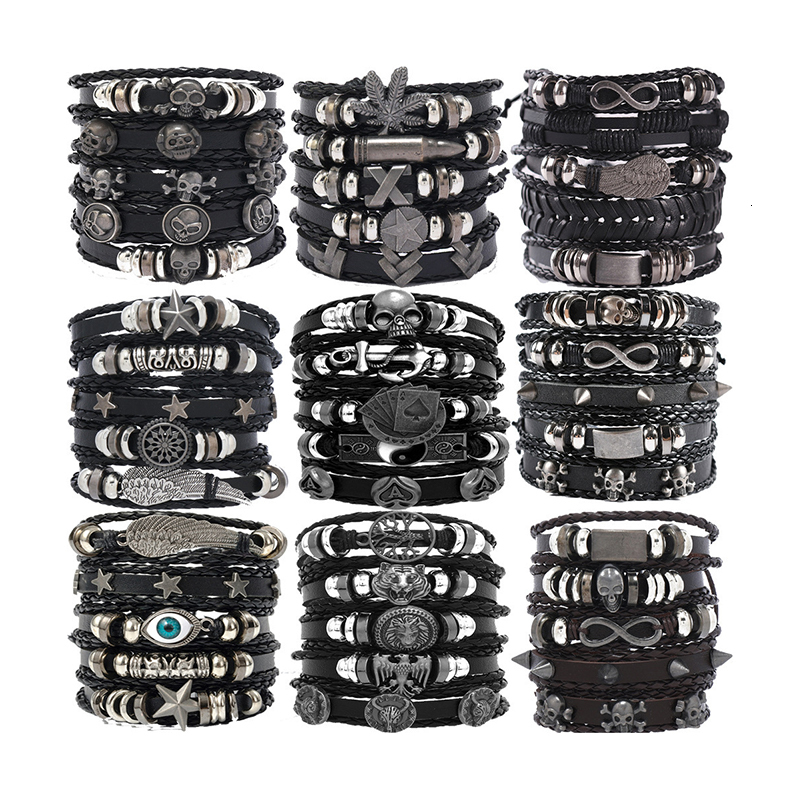 1 Juego de pulsera de cuero Pu de aleación con forma de estrella y calavera Punk negra ddmysat
